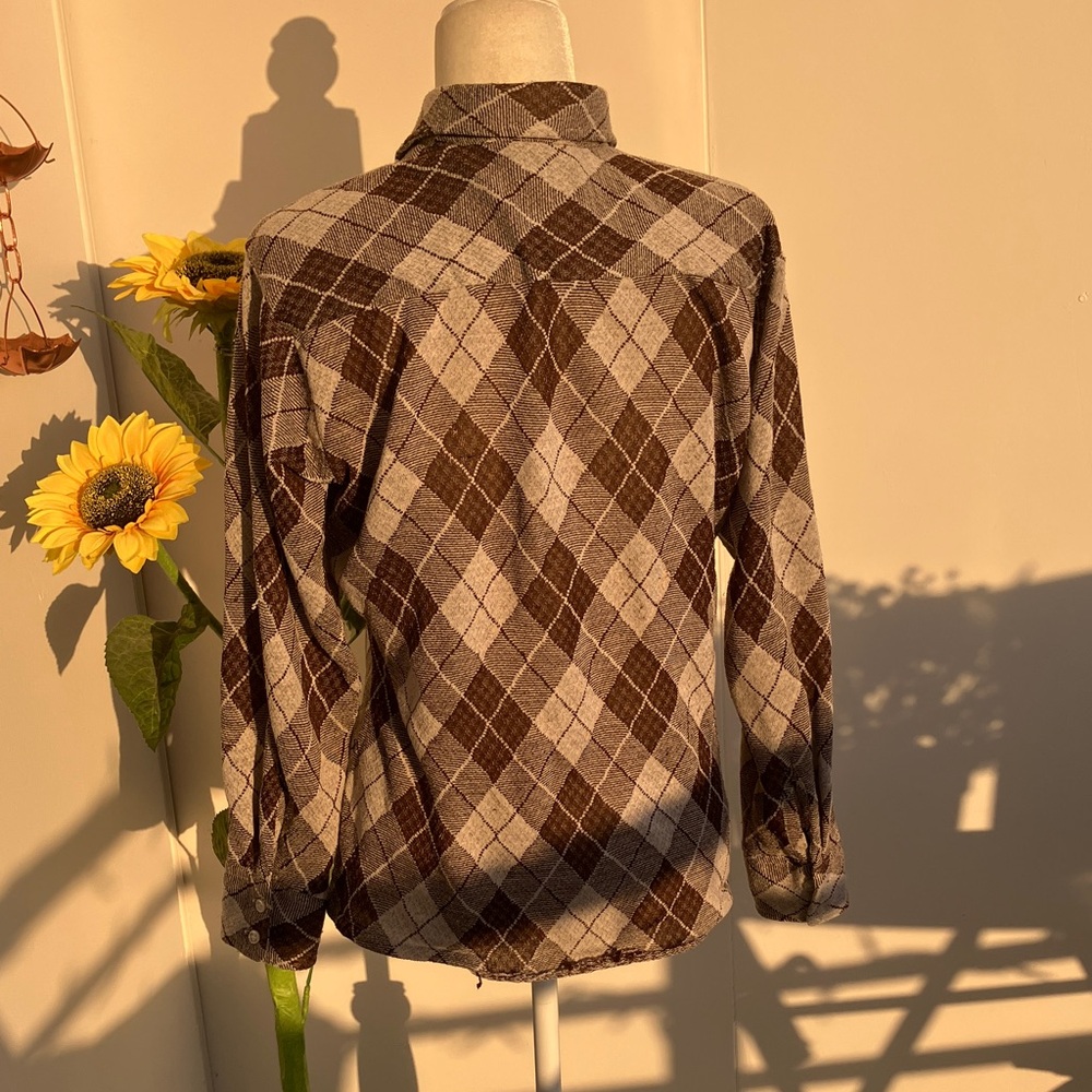 Vintage 60s 70s Preppy Brown Argyle Dagger Collar Button Down Long Sleeve Shirt - Picture 6 of 10